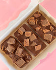 Baked Tim Tam Caramel Slice in a white box and a pink background