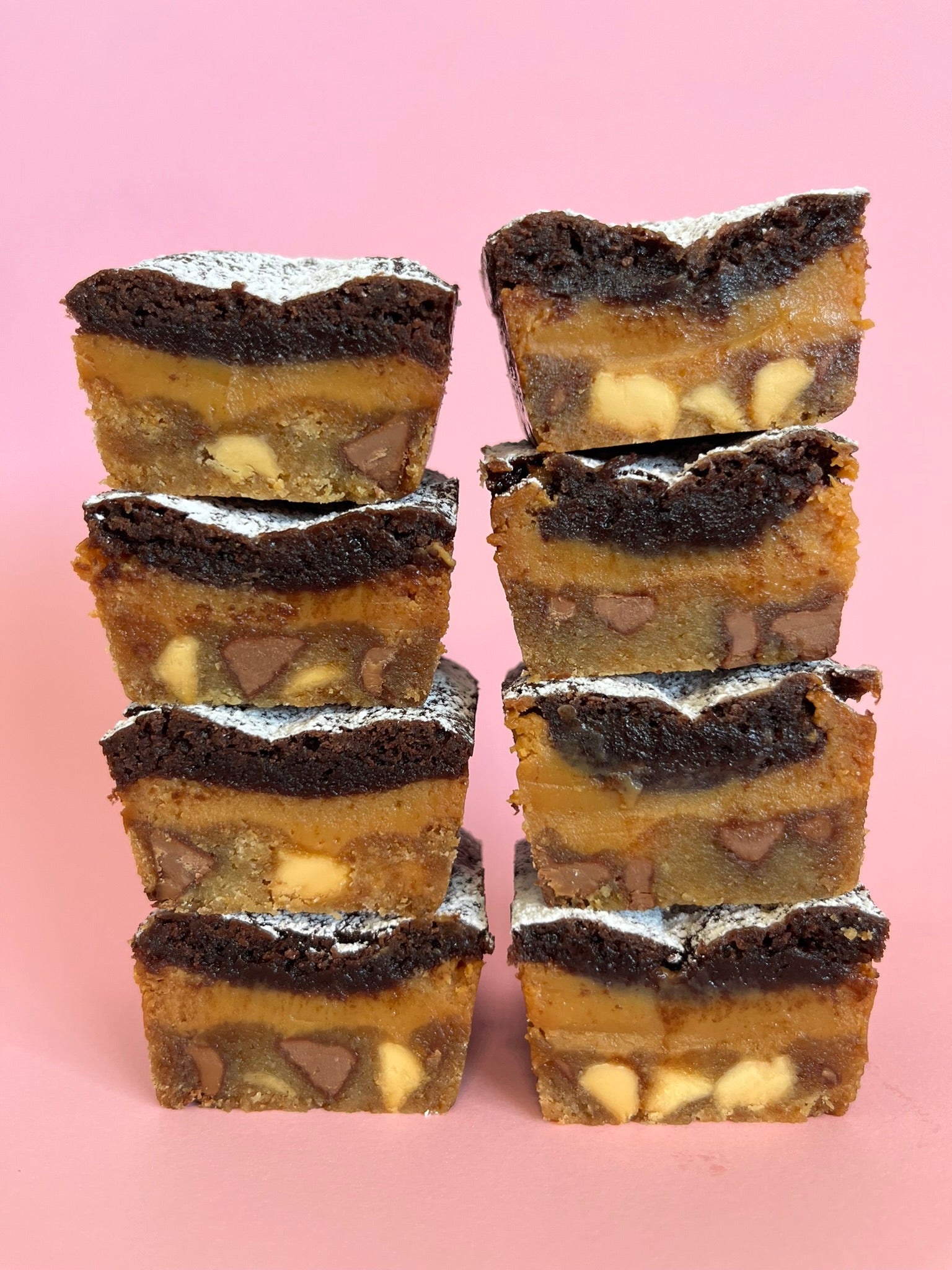 Chocolate Brownie and Chocolate Chip Cookie Baked into One Caramel Slice