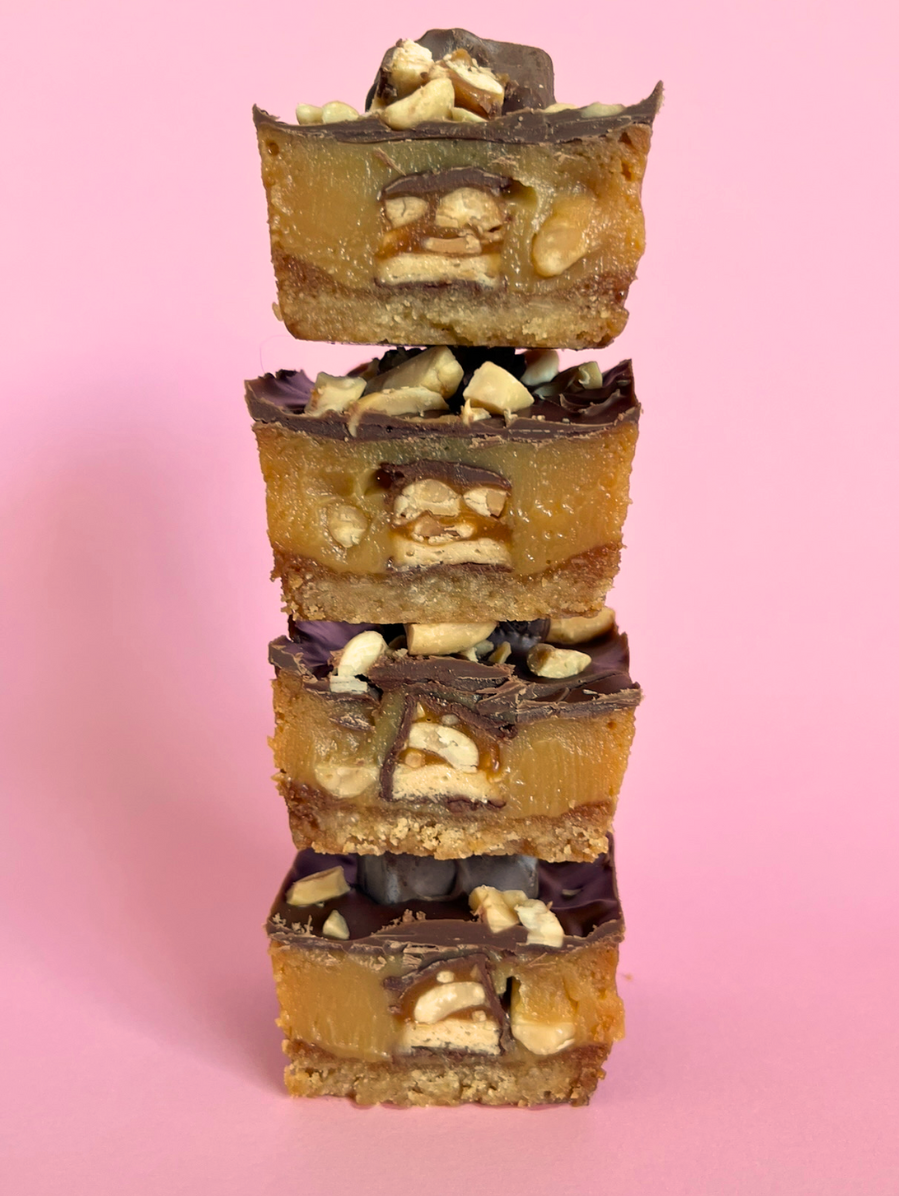 Snickers & Hazelnut Baked Caramel Slice Halves