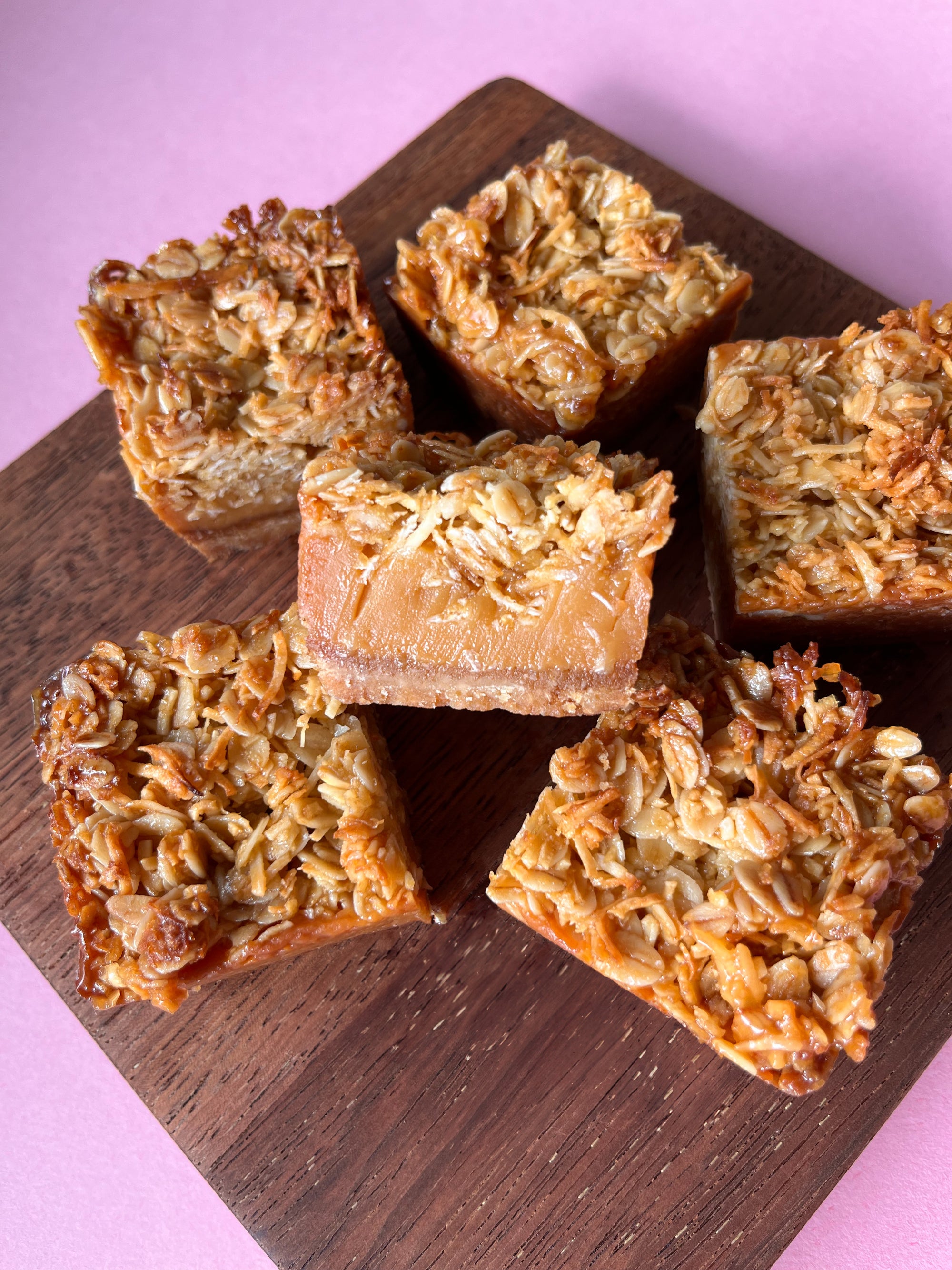 Sweet Golden Oaty Baked Caramel Slice Halved